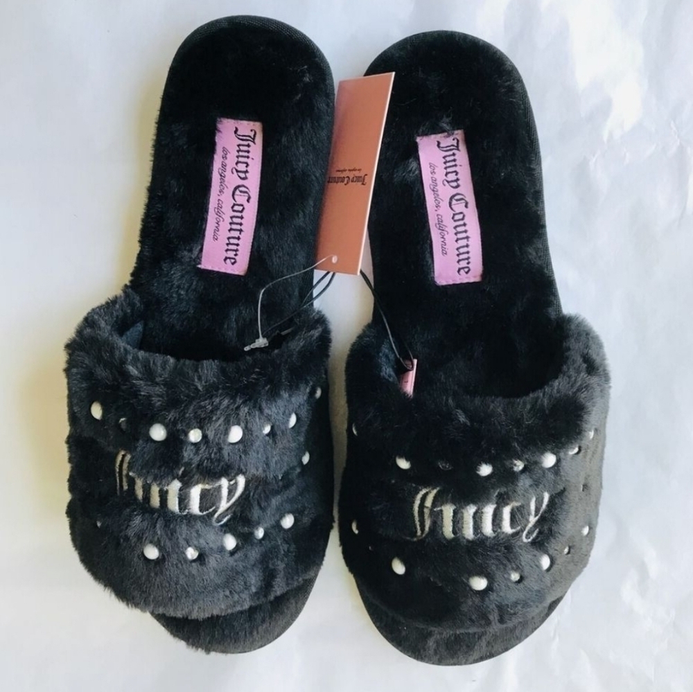 Juicy Couture Black Fluffy Slippers Gift Box Size XL 9.5 To 10.5 Brand New